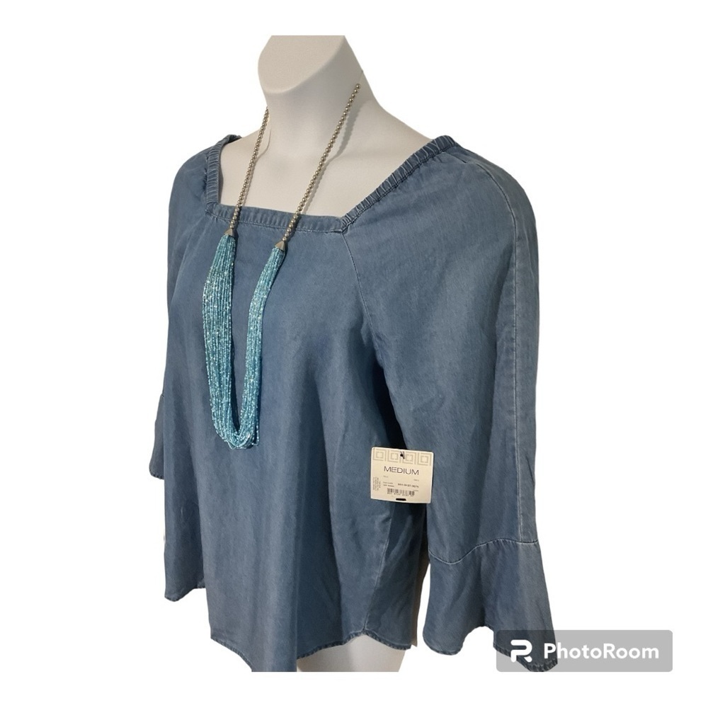 Liz Claiborne Chambray Top Medium Bell Sleeve Off Shoulder Blouse